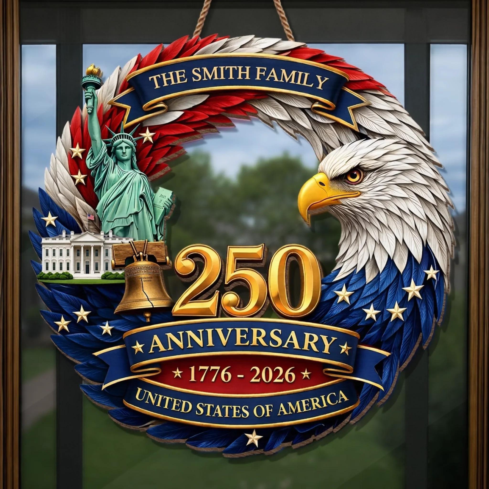 Personalized USA 250th Anniversary Sign 1776-2026, Custom Family Name Patriotic Door Decor, American Semiquincentennial Wooden Wreath, 250 Years USA Pride Gift, Wooden Hanging Sign, Front Door Hanger, Wall Decor - Image 2