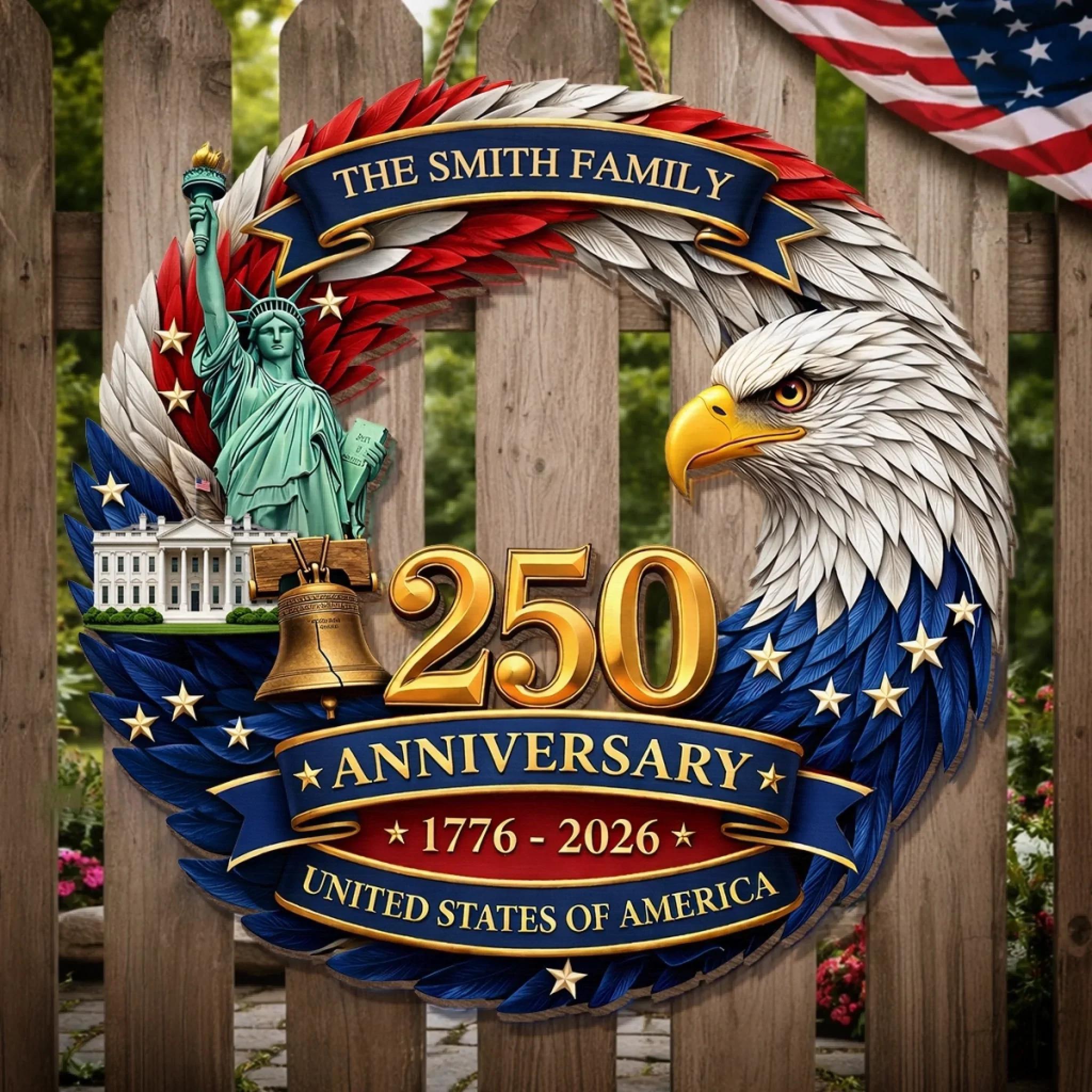 Personalized USA 250th Anniversary Sign 1776-2026, Custom Family Name Patriotic Door Decor, American Semiquincentennial Wooden Wreath, 250 Years USA Pride Gift, Wooden Hanging Sign, Front Door Hanger, Wall Decor
