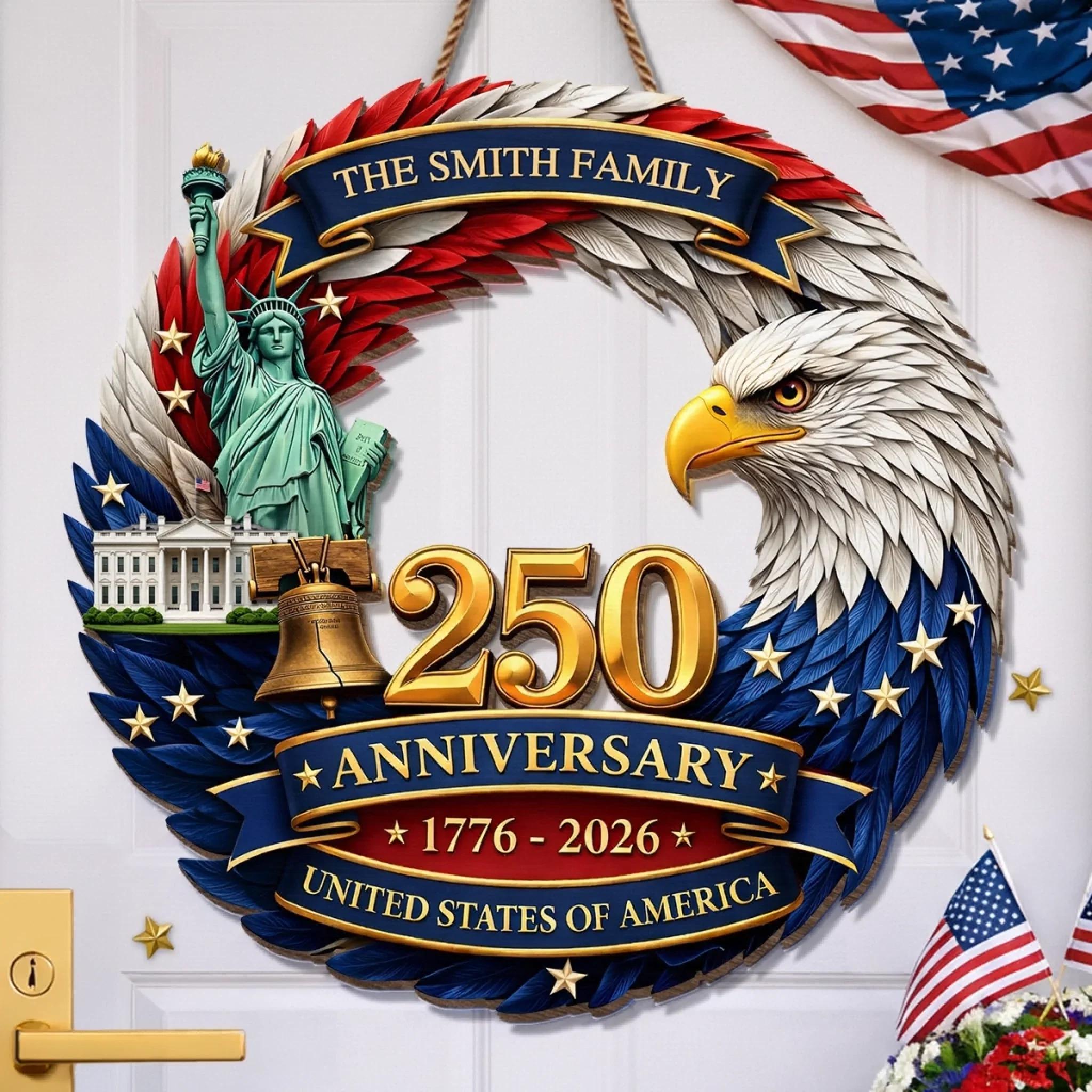 Personalized USA 250th Anniversary Sign 1776-2026, Custom Family Name Patriotic Door Decor, American Semiquincentennial Wooden Wreath, 250 Years USA Pride Gift, Wooden Hanging Sign, Front Door Hanger, Wall Decor - Image 4