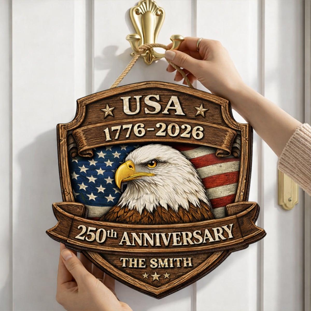 Personalized USA 250th Anniversary Sign 1776-2026, Custom Family Name Patriotic Door Decor, Wooden Hanging Sign, American Eagle Rustic Wood Plaque, 250 Years Of America Pride Gift - Image 3
