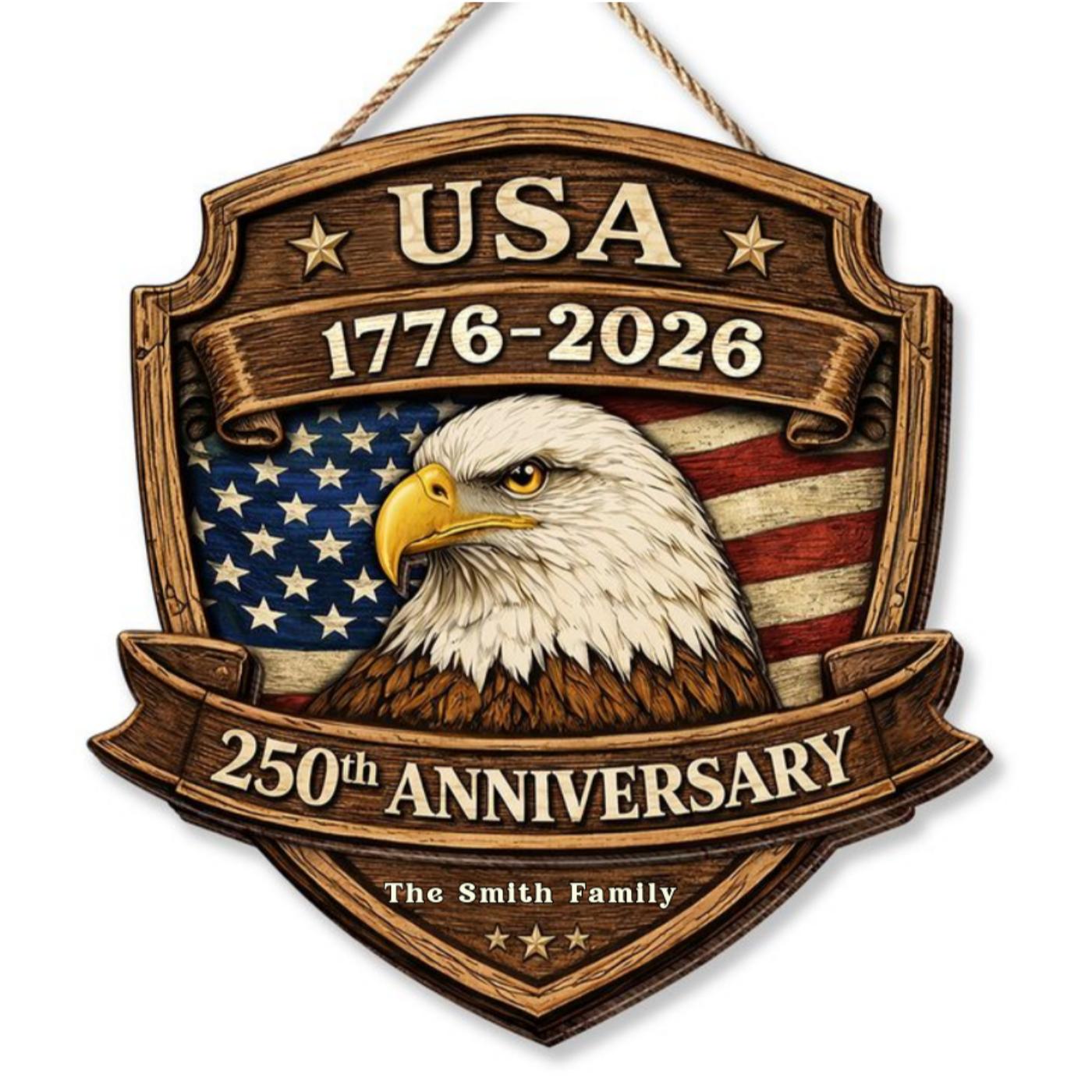 Personalized USA 250th Anniversary Sign 1776-2026, Custom Family Name Patriotic Door Decor, Wooden Hanging Sign, American Eagle Rustic Wood Plaque, 250 Years Of America Pride Gift - Image 4