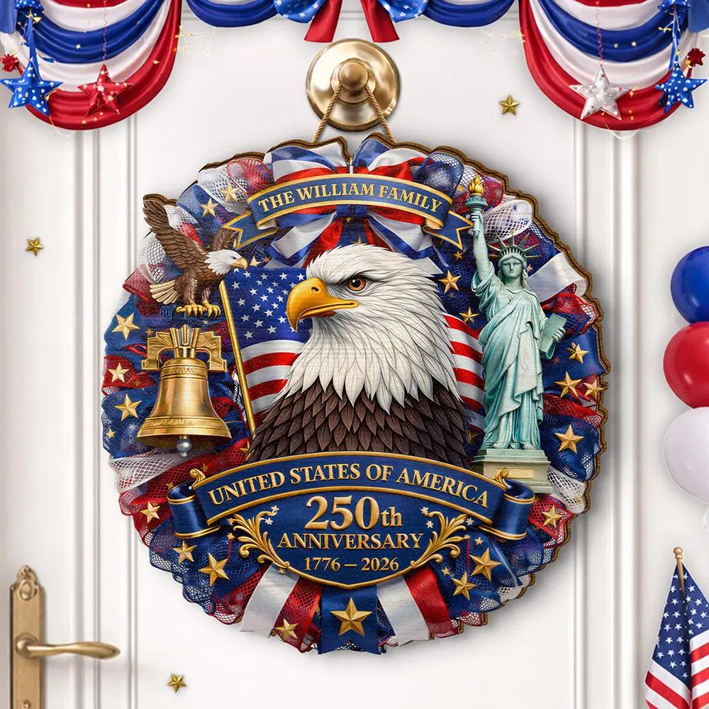 Personalized USA 250th Anniversary Sign 1776-2026, Custom Family Name Patriotic Door Decor, Wooden Hanging Sign, American Semiquincentennial Wooden Wreath, 250 Years USA Pride Gift, Home Decor