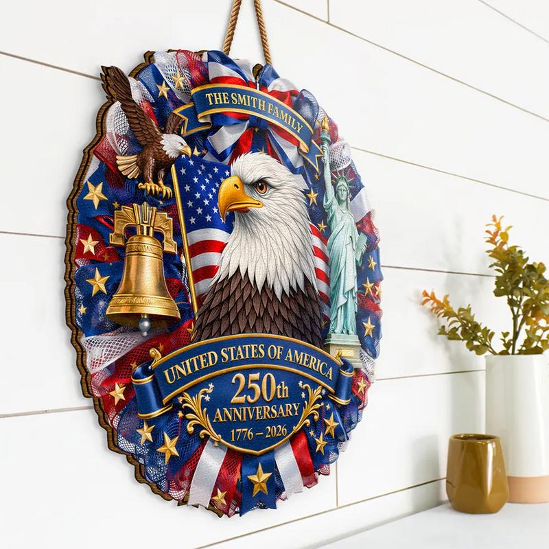 Personalized USA 250th Anniversary Sign 1776-2026, Custom Family Name Patriotic Door Decor, Wooden Hanging Sign, American Semiquincentennial Wooden Wreath, 250 Years USA Pride Gift, Home Decor - Image 2