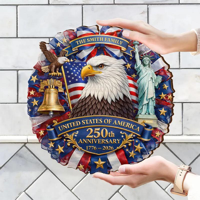 Personalized USA 250th Anniversary Sign 1776-2026, Custom Family Name Patriotic Door Decor, Wooden Hanging Sign, American Semiquincentennial Wooden Wreath, 250 Years USA Pride Gift, Home Decor - Image 4