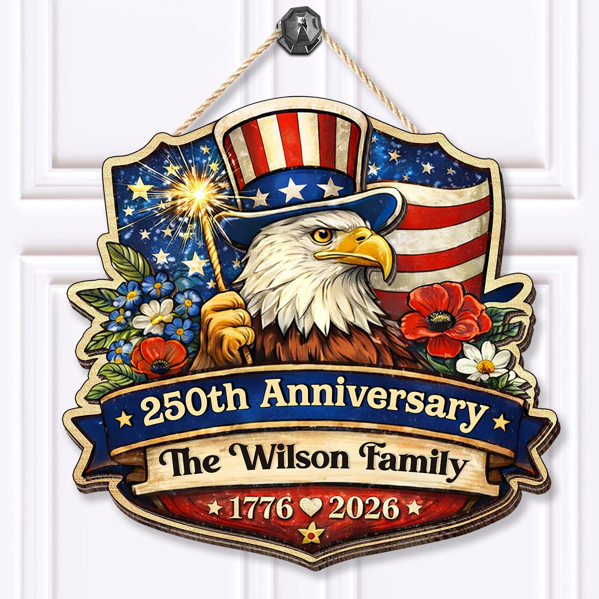 Personalized USA 250th Anniversary Sign, Custom Family Name Uncle Sam Eagle Decor, Wooden Hanging Sign, Patriotic Door Decor, 1776-2026 American Plaque, 4th Of July Gift, Independence Day Decor