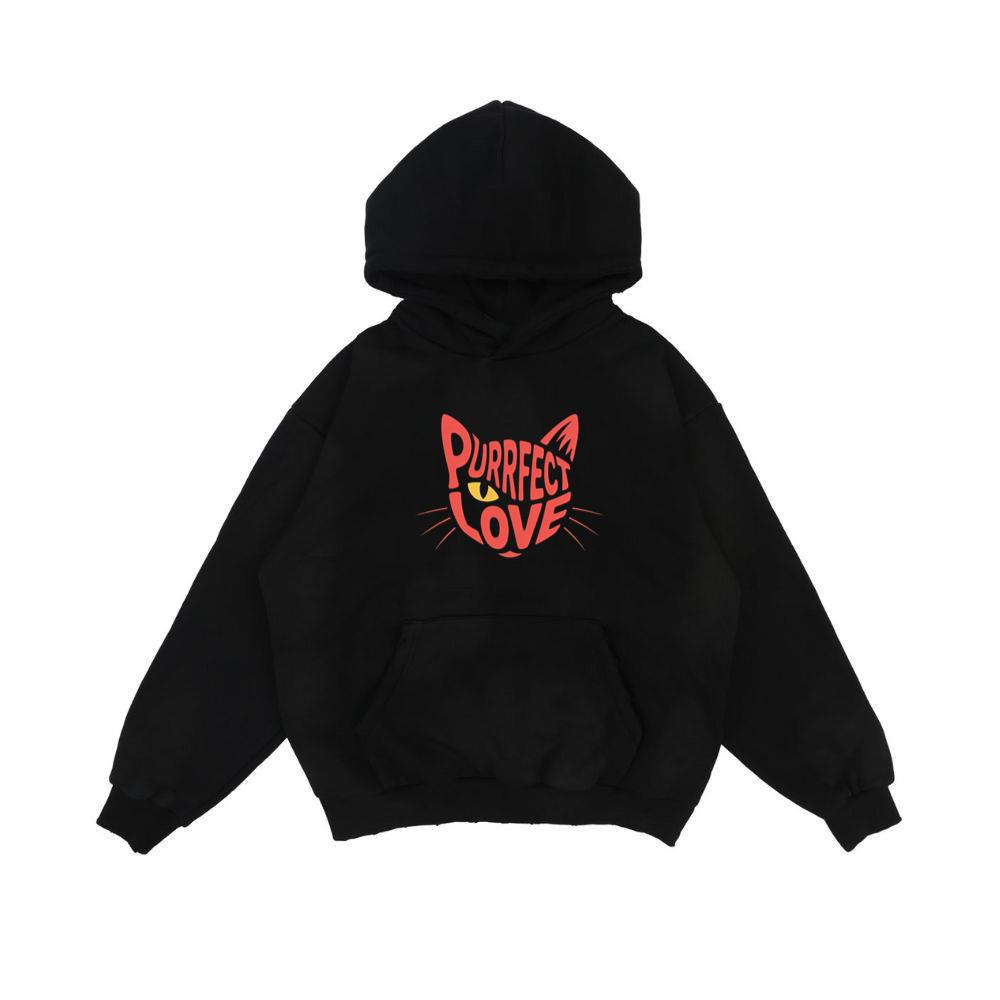 Purrfect Love Cute Evil Cat with Heart Typography Artwork Hoodie