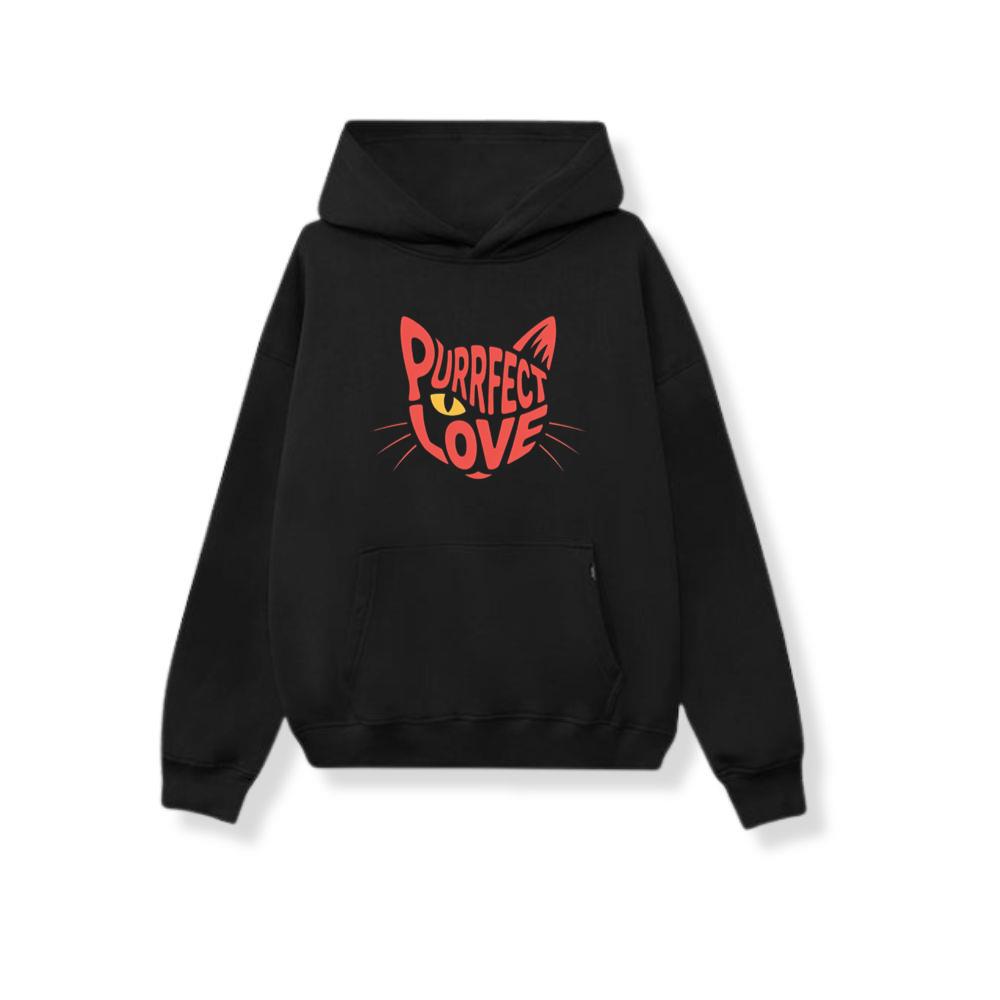 Purrfect Love Cute Evil Cat with Heart Typography Artwork Hoodie
