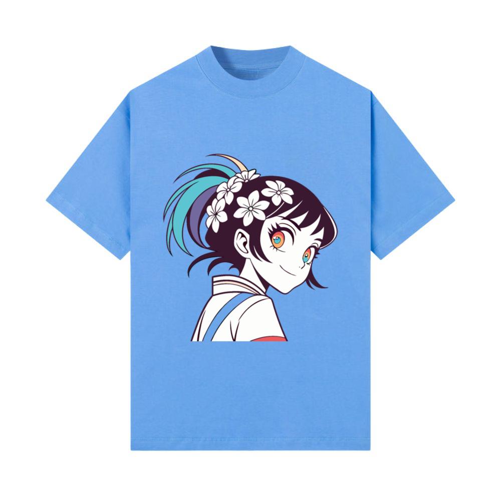 Radiant Blossoms_ Anime Girl's Vibrant Floral Head T-Shirt