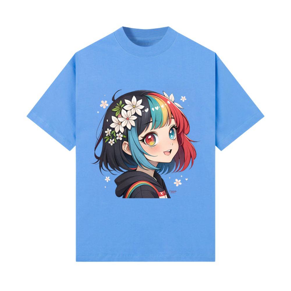 Radiant Blossoms_ Anime Girl's Vibrant Floral Head_1 T-Shirt