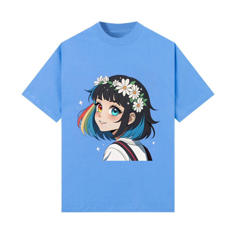 Radiant Rainbow Star_ Anime Girl with Flower Crown T-Shirt