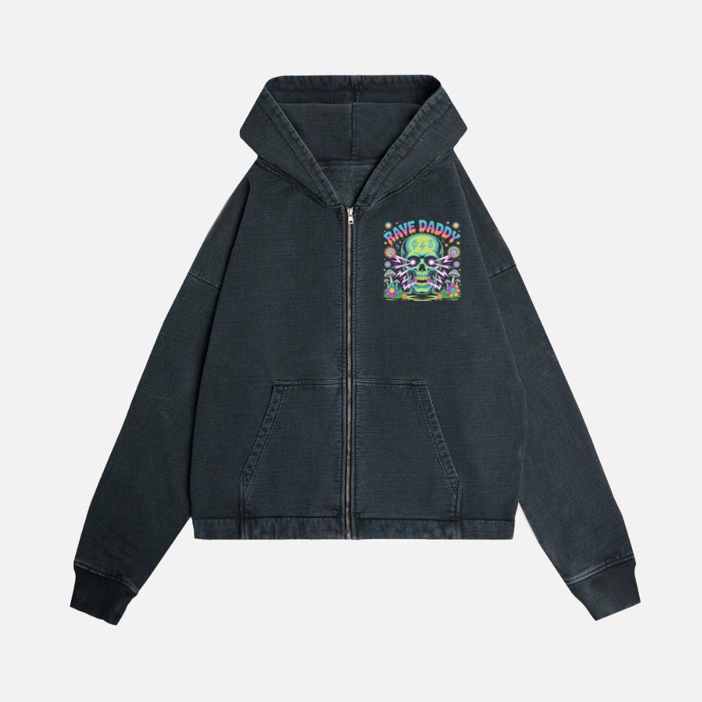 Rave Daddy Neon Skull Psychedelic Graphic Zip Hoodie