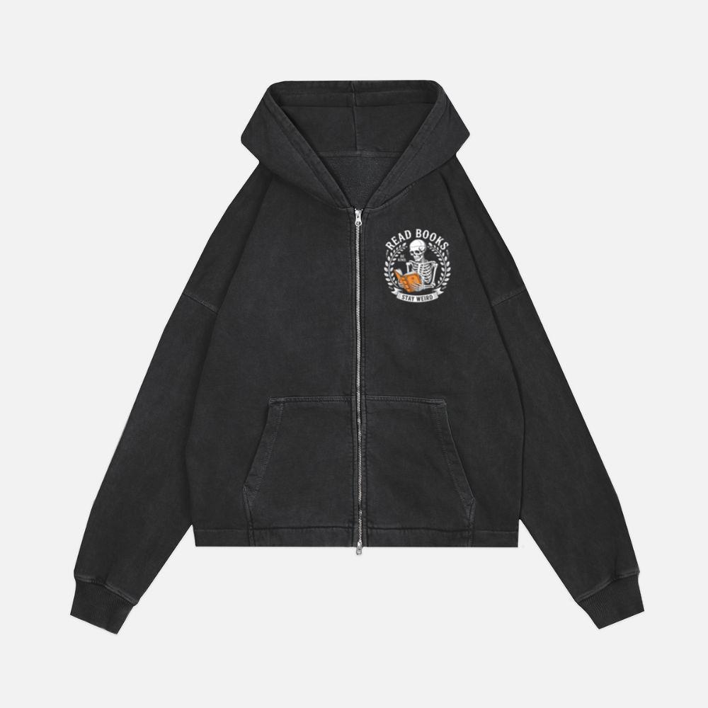 Read Books Stay Weird Skeleton Reading Design Zip Hoodie