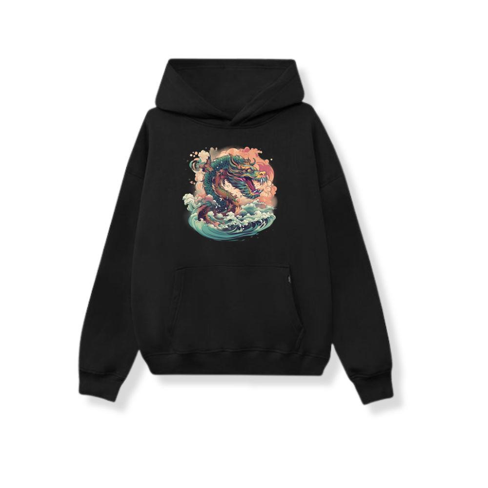 Red Green Asian Dragon with Ocean Japanese Sea Waves Hoodies