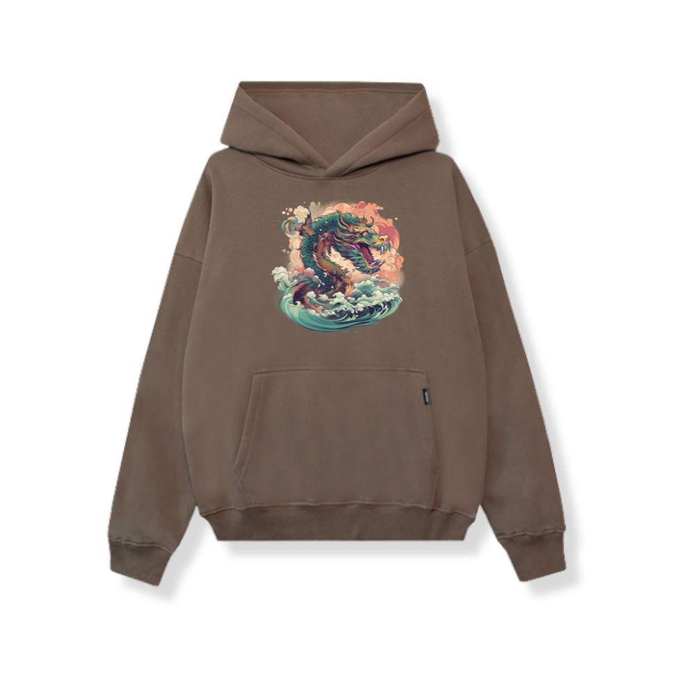 Red Green Asian Dragon with Ocean Japanese Sea Waves Hoodies