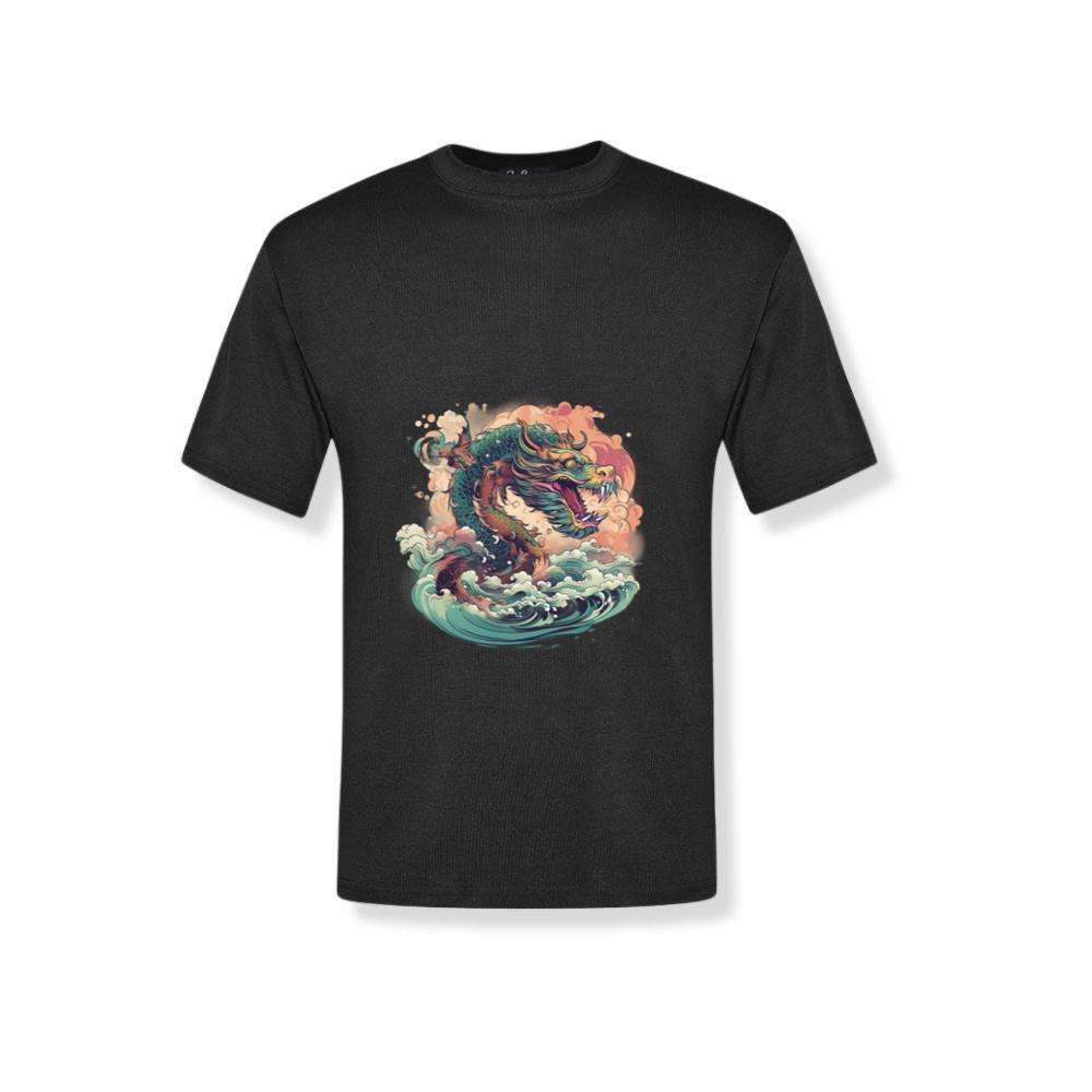 Red Green Asian Dragon with Ocean Japanese Sea Waves T-Shirts