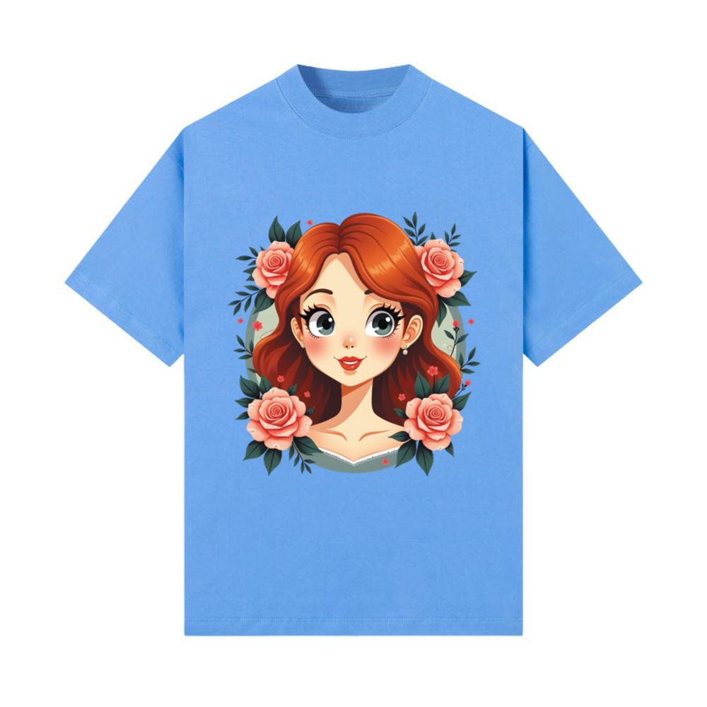 Red-Haired Anime Girl with Elegant Roses T-Shirt