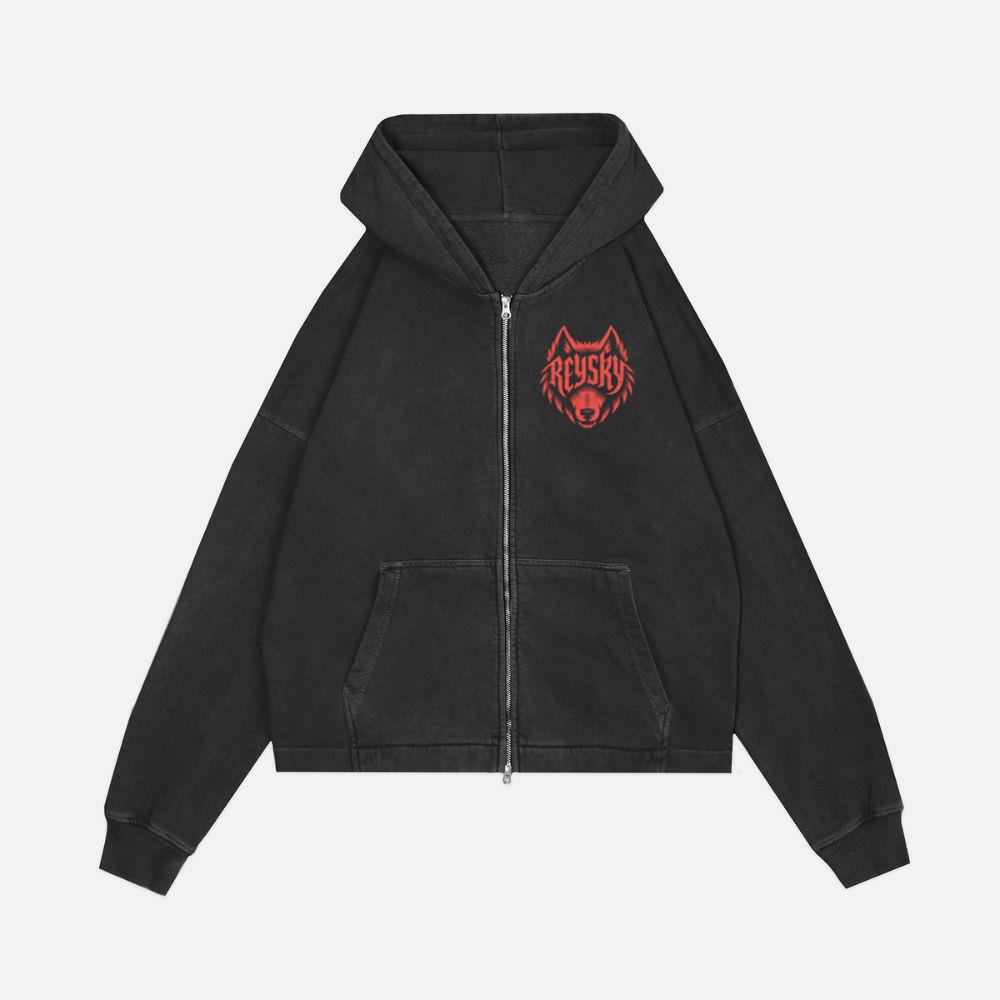 Reyski Red Wolf Head Aggressive Logo Style Design Zip Hoodie