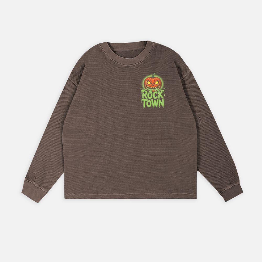 Rock Town Pumpkin Head Retro Cartoon Graphic Sweatshirt - Image 3