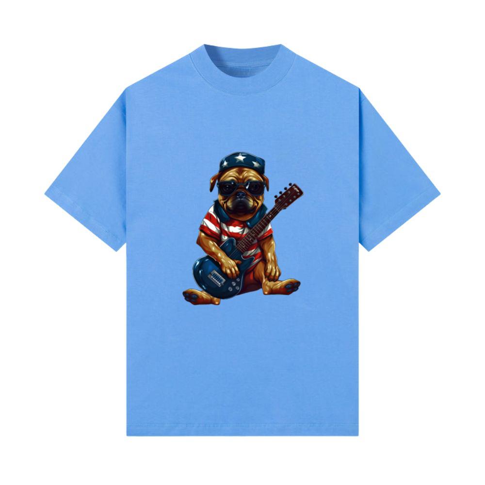 Rocking Pug Guitarist with US Flag – Animal Music T-Shirt