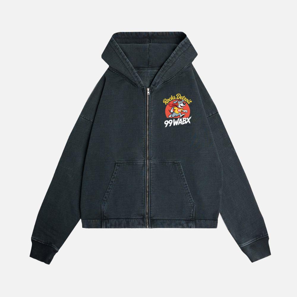 Rocks Detroit Superhero Dog Retro Graphic Artwork for Everyday Vibes Zip Hoodie