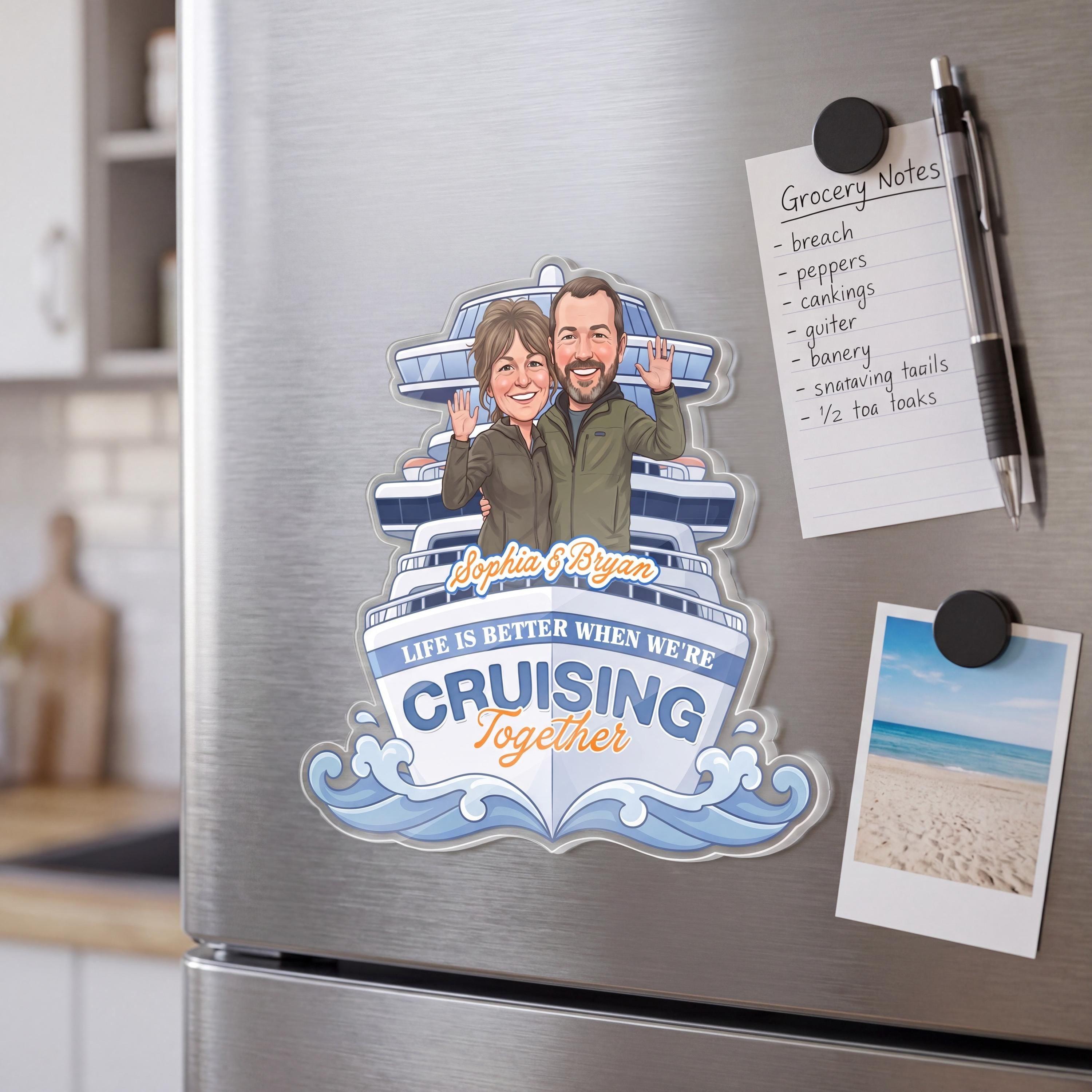 RodyThread Custom Couple Cruise Door Magnet Personalized Vacation Cabin Decor Gift For Couples Nautical Cartoon Caricature Aesthetic Clear Acrylic Cruise Partners For Life Life Is Better Cruising Together Custom Names Room Souvenir