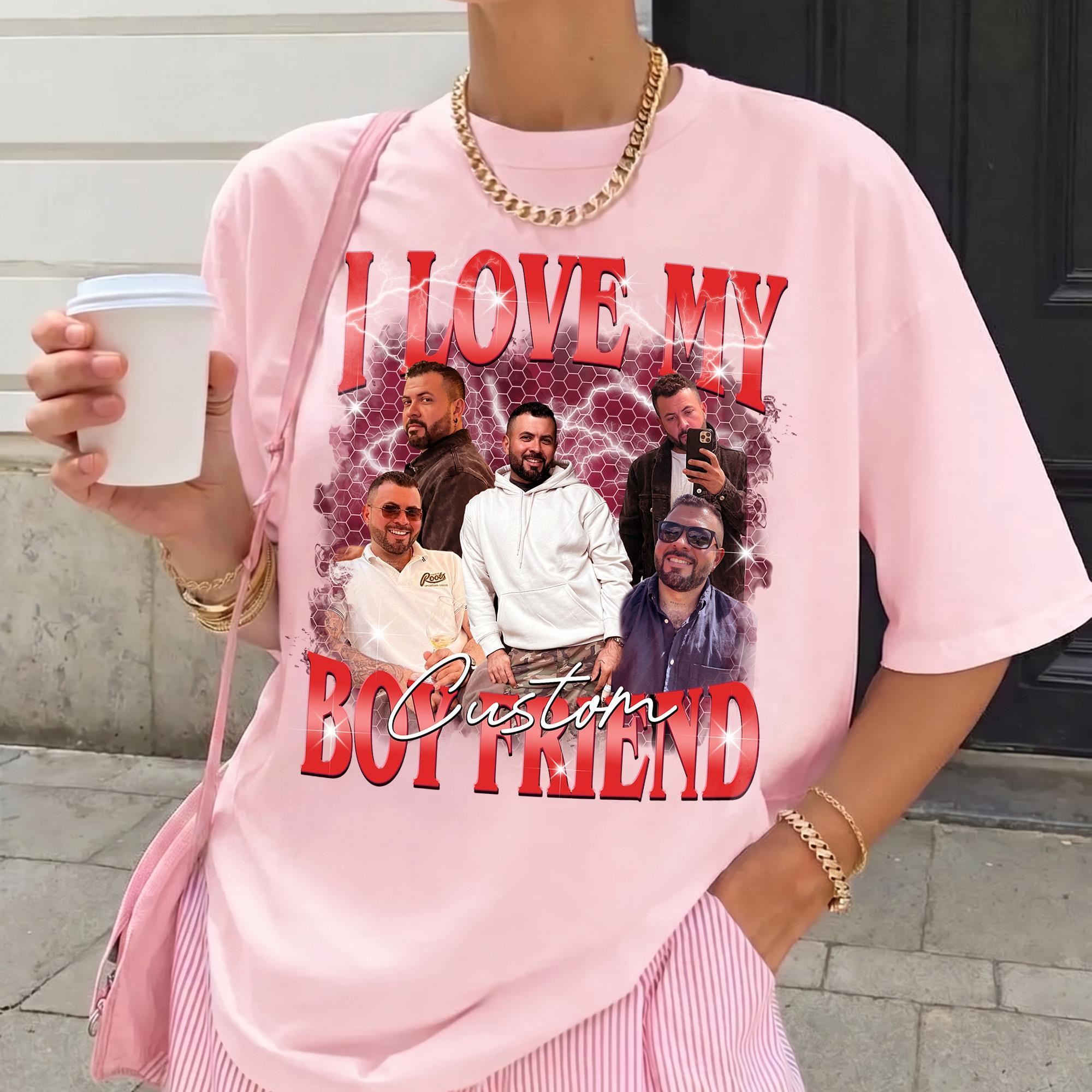 RodyThread Custom I Love My Boyfriend Oversized Graphic T-Shirt For Women 90s Vintage Retro Y2K Bootleg Aesthetic Cream Cotton Personalized Photo Print Vintage Bootleg Rap Tee Funny Couple Girlfriend Gift Trendy Top