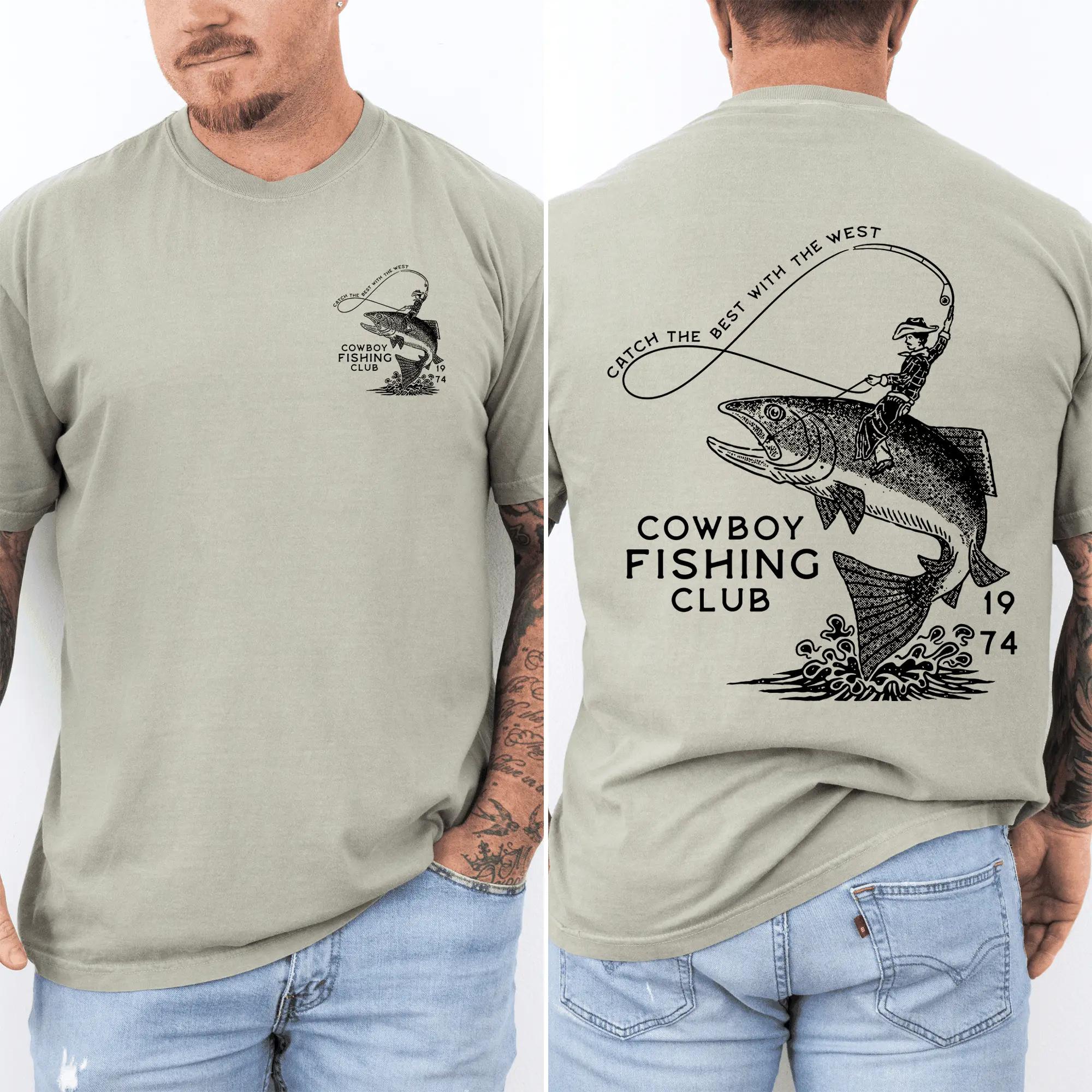 RodyThread Men's Vintage Western Cowboy Fishing Club Graphic Cotton T-Shirt - Cream, Classic Casual Street Style Menswear Apparel, Ideal Gift for Dads, Boyfriends (Father's Day Ready)