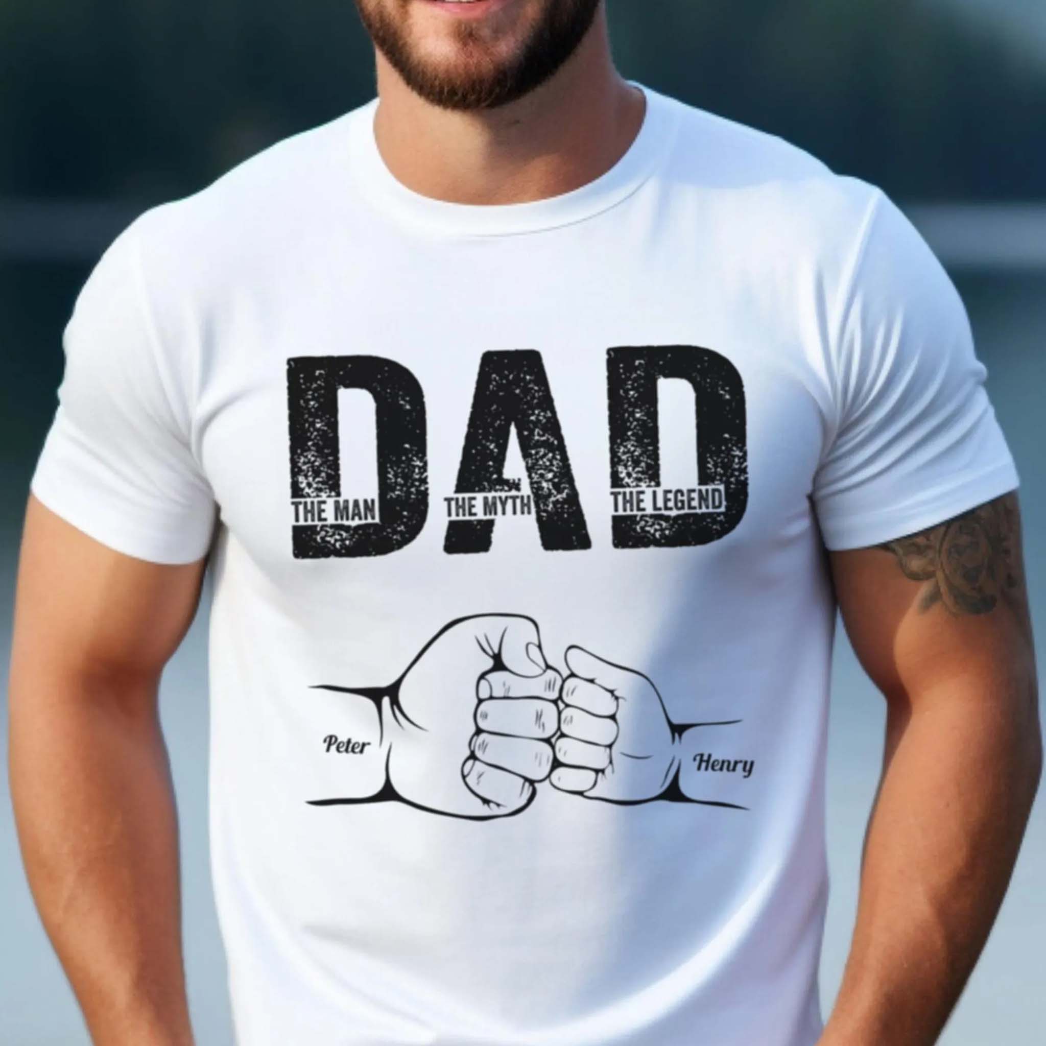 RodyThread Personalized Dad Graphic T-Shirt for Men, Ribbed Relaxed Fit Stretch Apparel, Heather Grey Cotton Blend, Vintage Casual Aesthetic, Custom Fist Bump & Kids Names, Father's Day Gift (Shade Option)