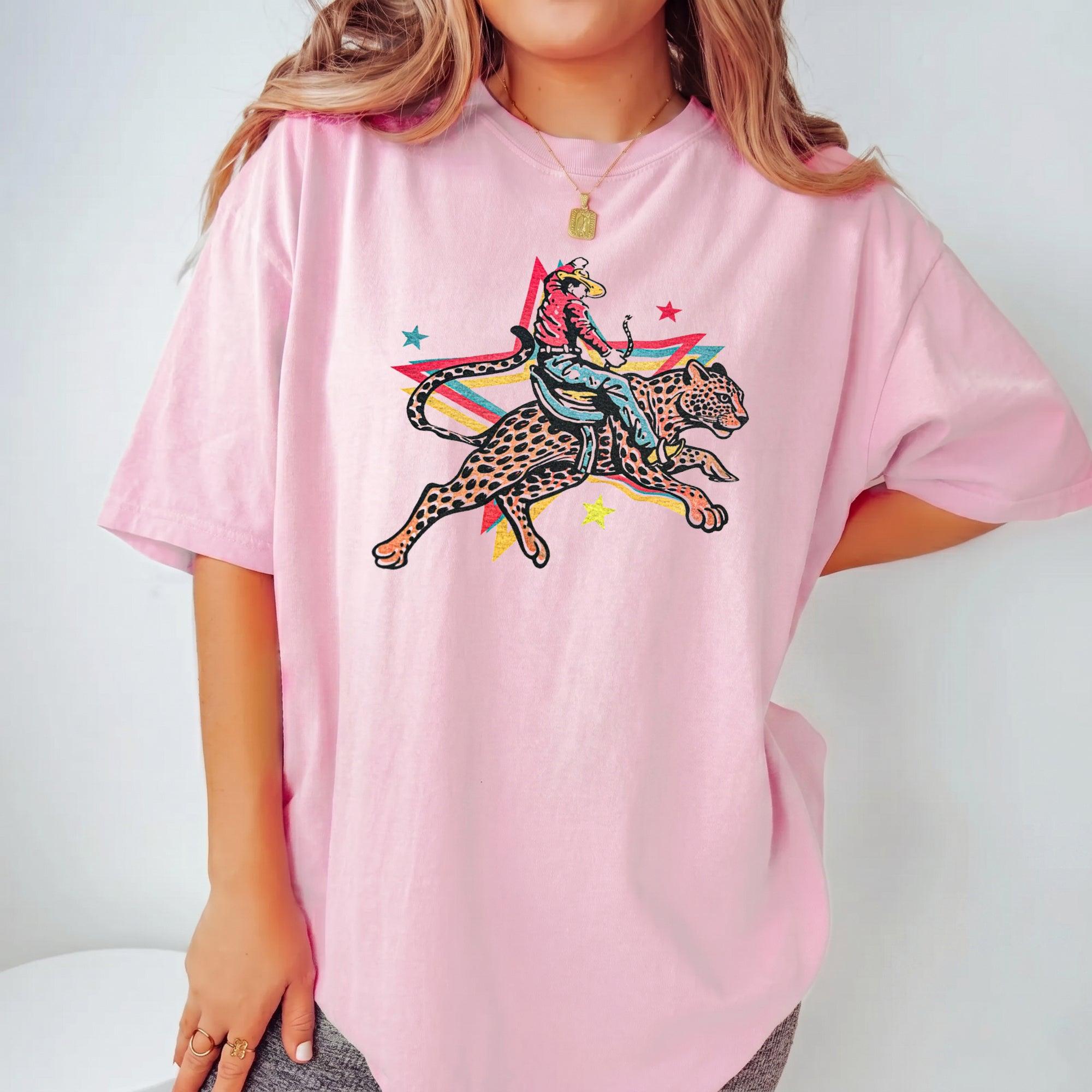 RodyThread Rodeo Leopard Wild Ride Oversized Graphic T-Shirt Women's Retro Western Country Music Festival Chic Cream Cotton Blend Vintage Cowgirl She's A Wild One Graphic Tee Trendy Summer Top Y2K Aesthetic Streetwear Leopard Print Outfit - Image 5