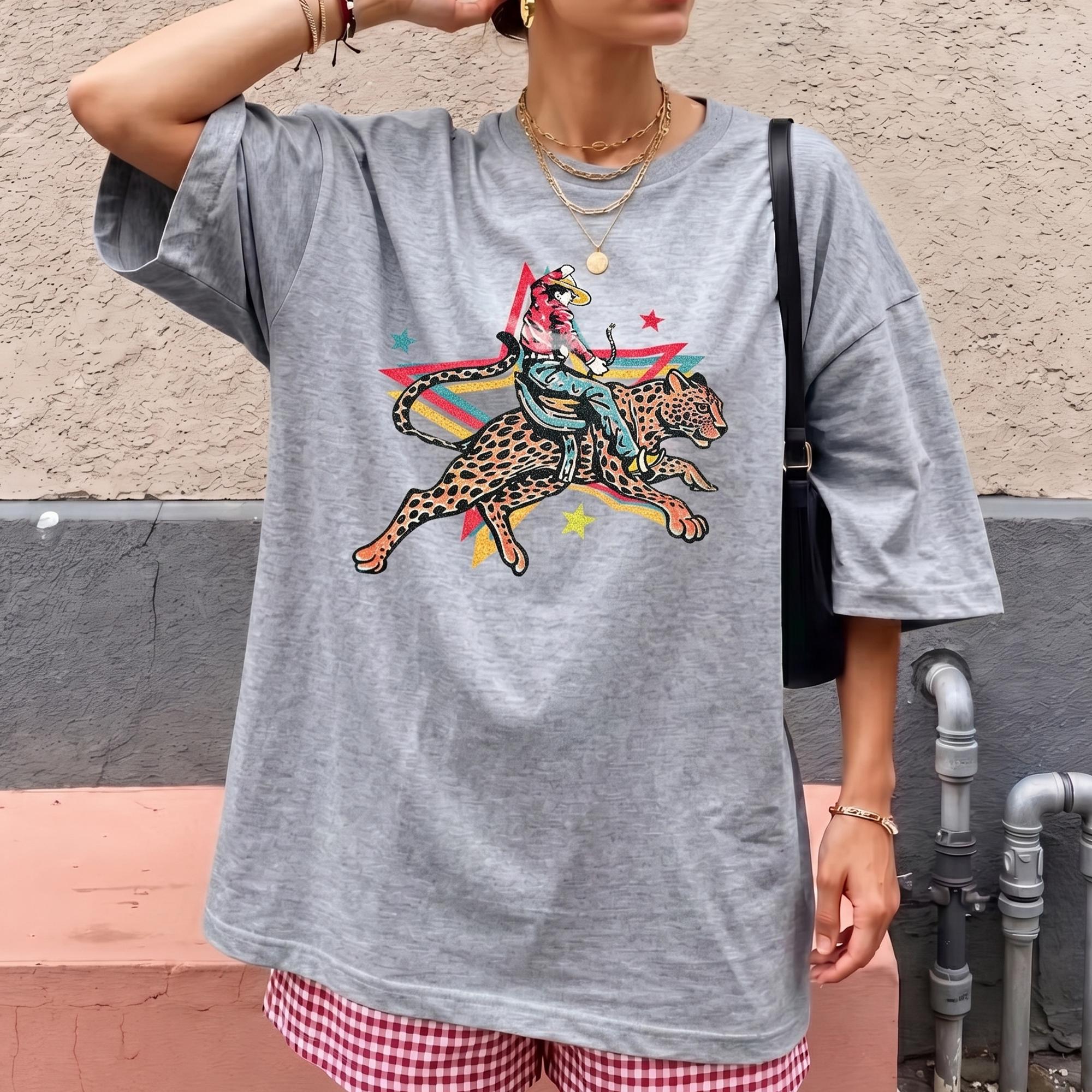 RodyThread Rodeo Leopard Wild Ride Oversized Graphic T-Shirt Women's Retro Western Country Music Festival Chic Cream Cotton Blend Vintage Cowgirl She's A Wild One Graphic Tee Trendy Summer Top Y2K Aesthetic Streetwear Leopard Print Outfit - Image 9