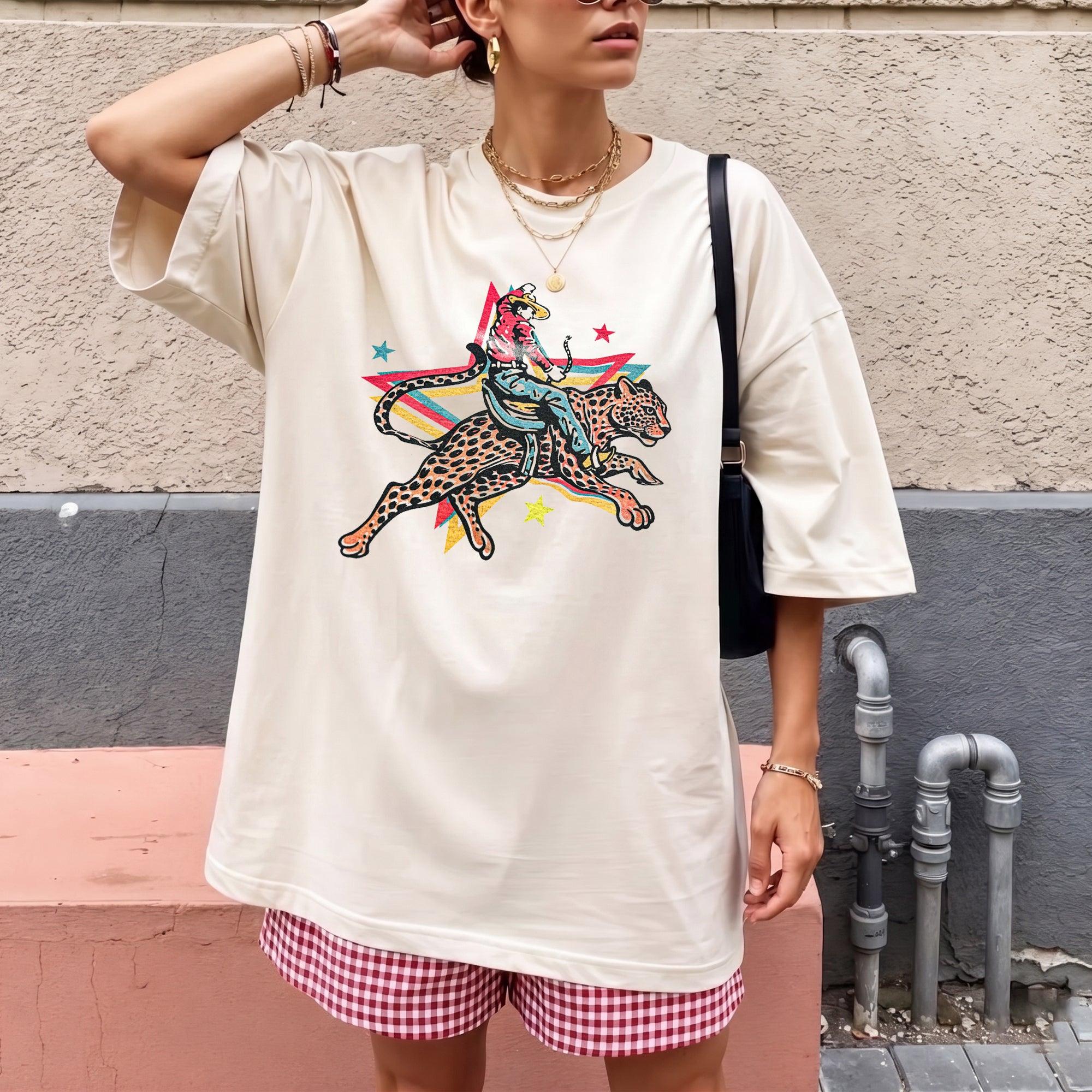 RodyThread Rodeo Leopard Wild Ride Oversized Graphic T-Shirt Women's Retro Western Country Music Festival Chic Cream Cotton Blend Vintage Cowgirl She's A Wild One Graphic Tee Trendy Summer Top Y2K Aesthetic Streetwear Leopard Print Outfit - Image 2