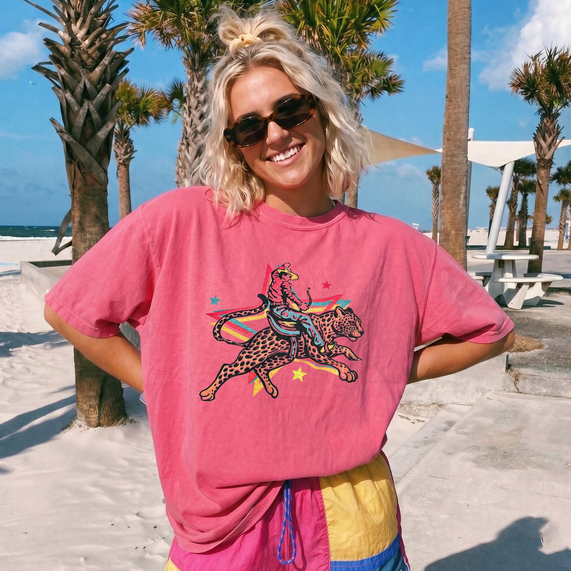 RodyThread Rodeo Leopard Wild Ride Oversized Graphic T-Shirt Women's Retro Western Country Music Festival Chic Cream Cotton Blend Vintage Cowgirl She's A Wild One Graphic Tee Trendy Summer Top Y2K Aesthetic Streetwear Leopard Print Outfit - Image 7