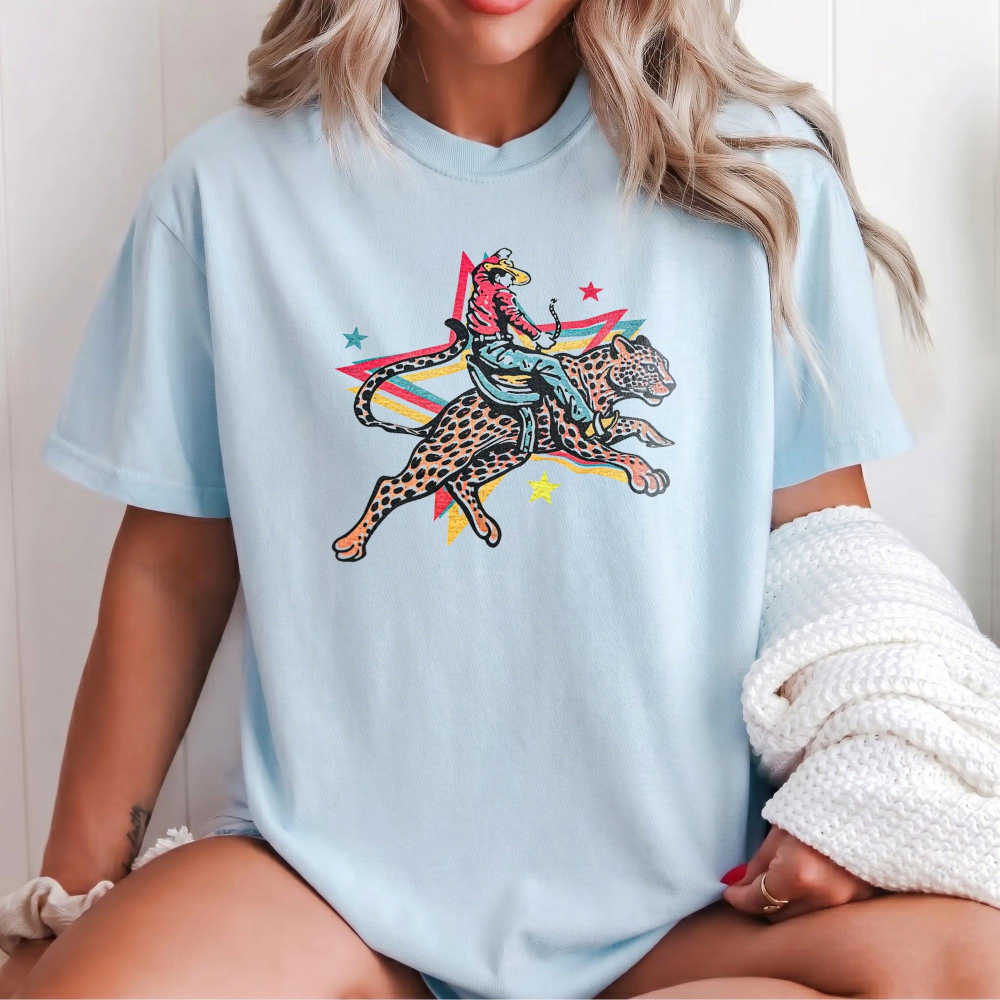 RodyThread Rodeo Leopard Wild Ride Oversized Graphic T-Shirt Women's Retro Western Country Music Festival Chic Cream Cotton Blend Vintage Cowgirl She's A Wild One Graphic Tee Trendy Summer Top Y2K Aesthetic Streetwear Leopard Print Outfit - Image 4