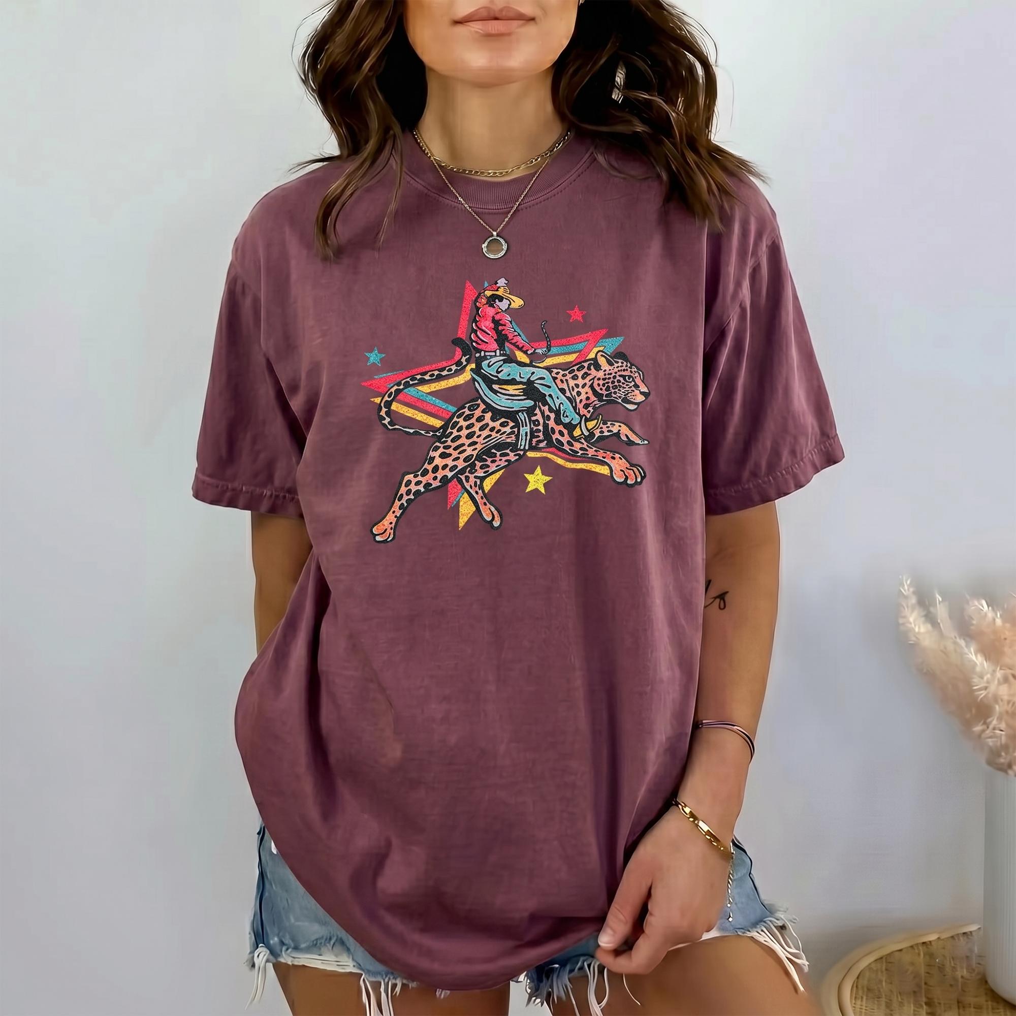 RodyThread Rodeo Leopard Wild Ride Oversized Graphic T-Shirt Women's Retro Western Country Music Festival Chic Cream Cotton Blend Vintage Cowgirl She's A Wild One Graphic Tee Trendy Summer Top Y2K Aesthetic Streetwear Leopard Print Outfit - Image 8