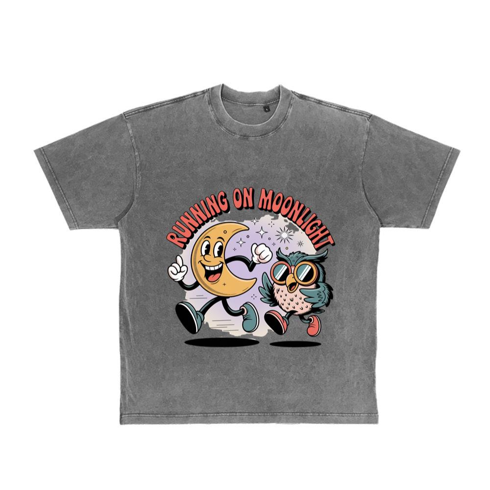 Running On Moonlight Cartoon Moon And Owl Retro T-Shirt