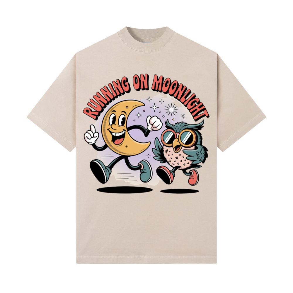 Running On Moonlight Cartoon Moon And Owl Retro T-Shirt - Image 3