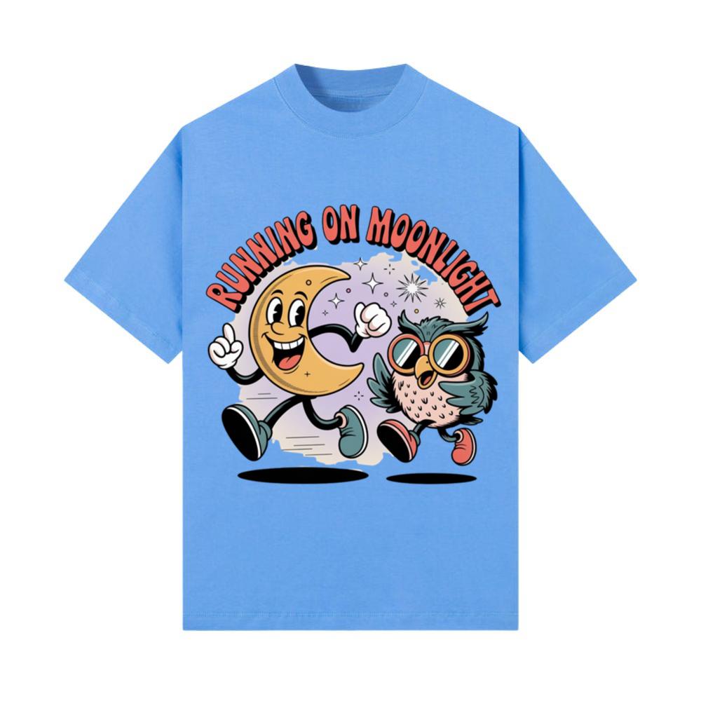 Running On Moonlight Cartoon Moon And Owl Retro T-Shirt