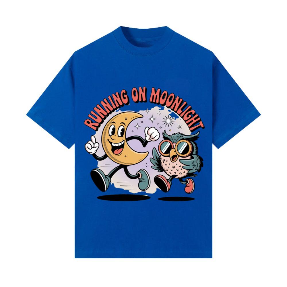 Running On Moonlight Cartoon Moon And Owl Retro T-Shirt