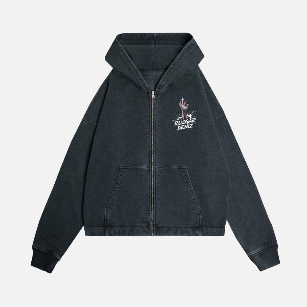 Ruzgar Deniz Rock Hand Retro Graphic Zip Hoodie