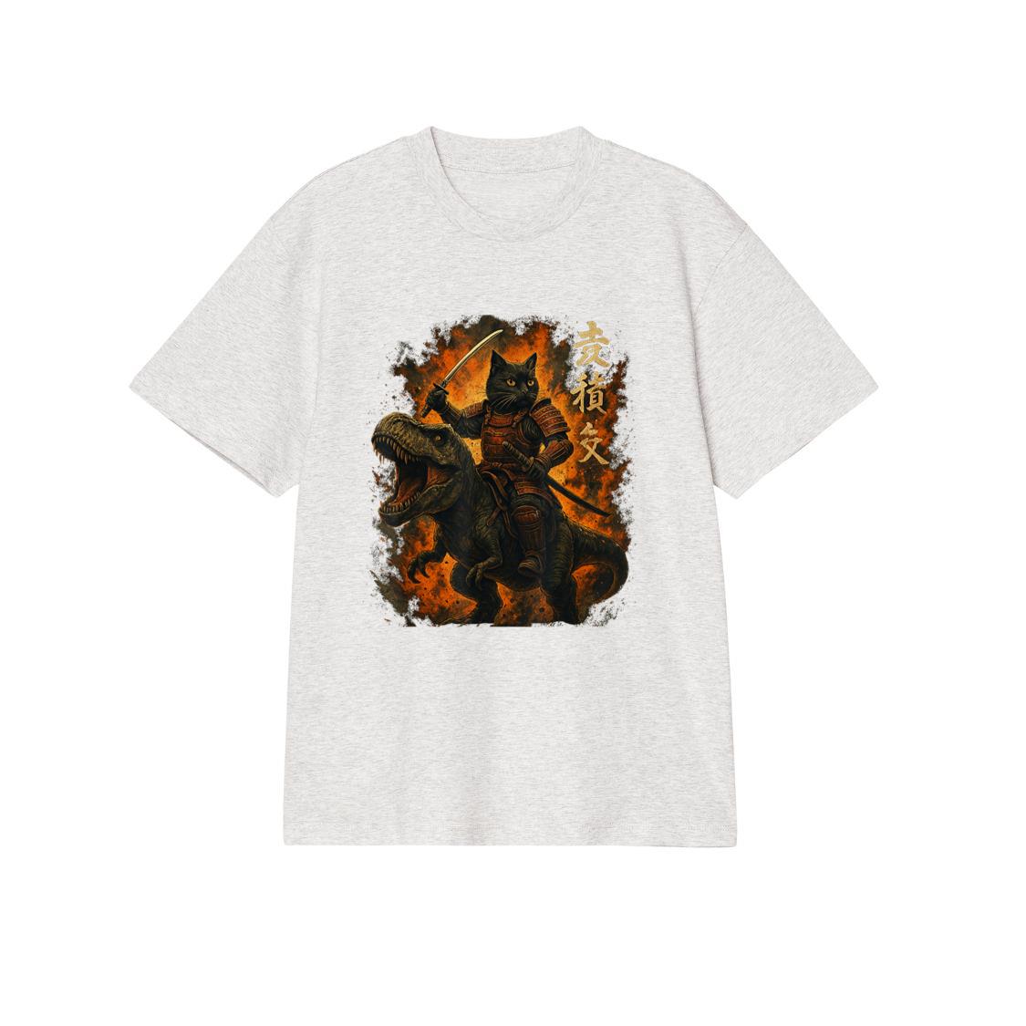 Samurai Cat Riding Dinosaur Japanese Black Cat Kanji T-Shirt