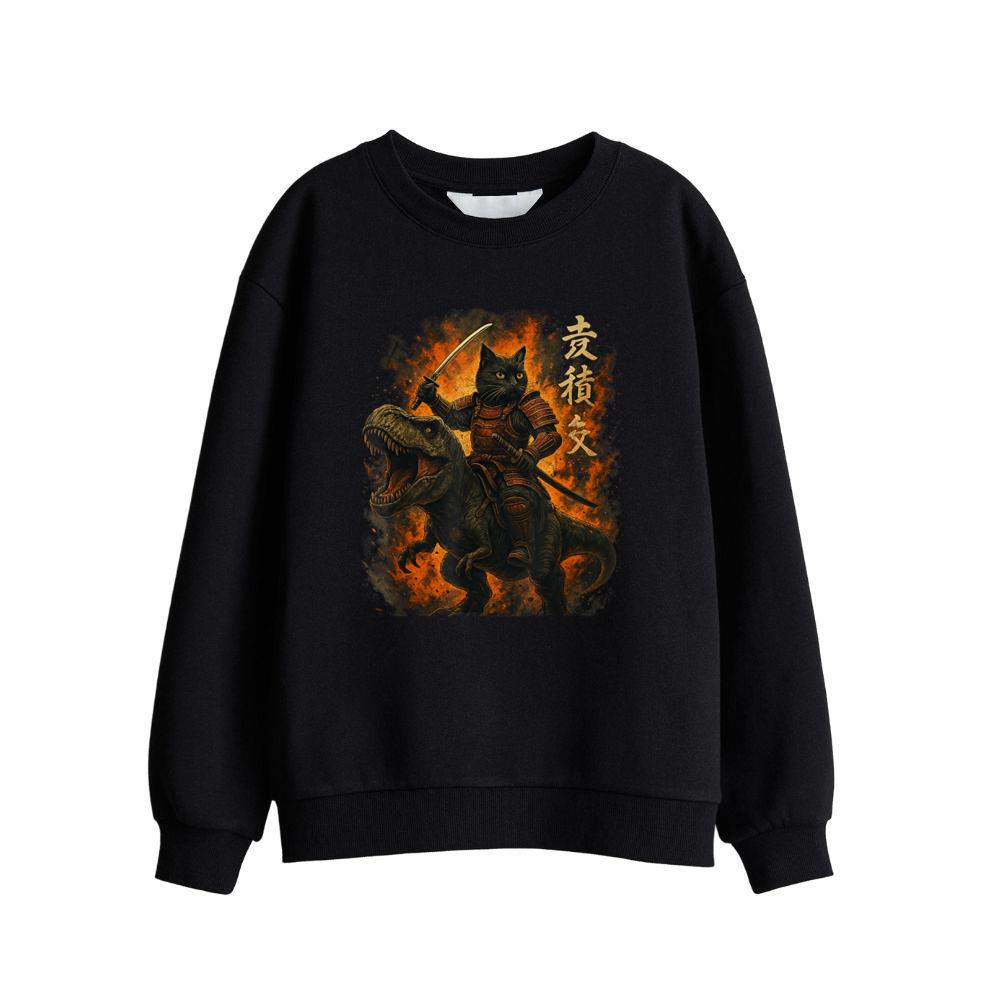 Samurai Cat Riding Dinosaur Japanese Black Cat Kanji Sweatshirt