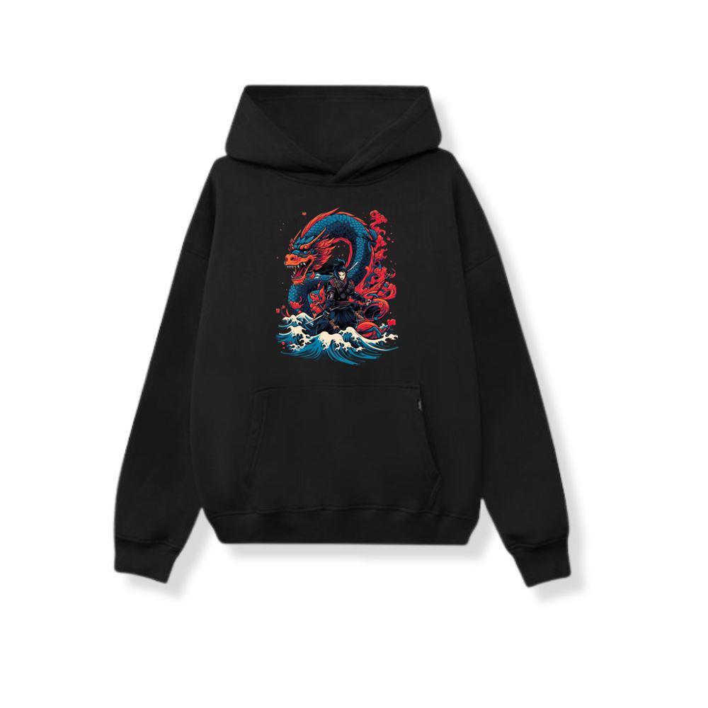 Samurai with Dragon Ocean Waves Japanese Style Hoodies