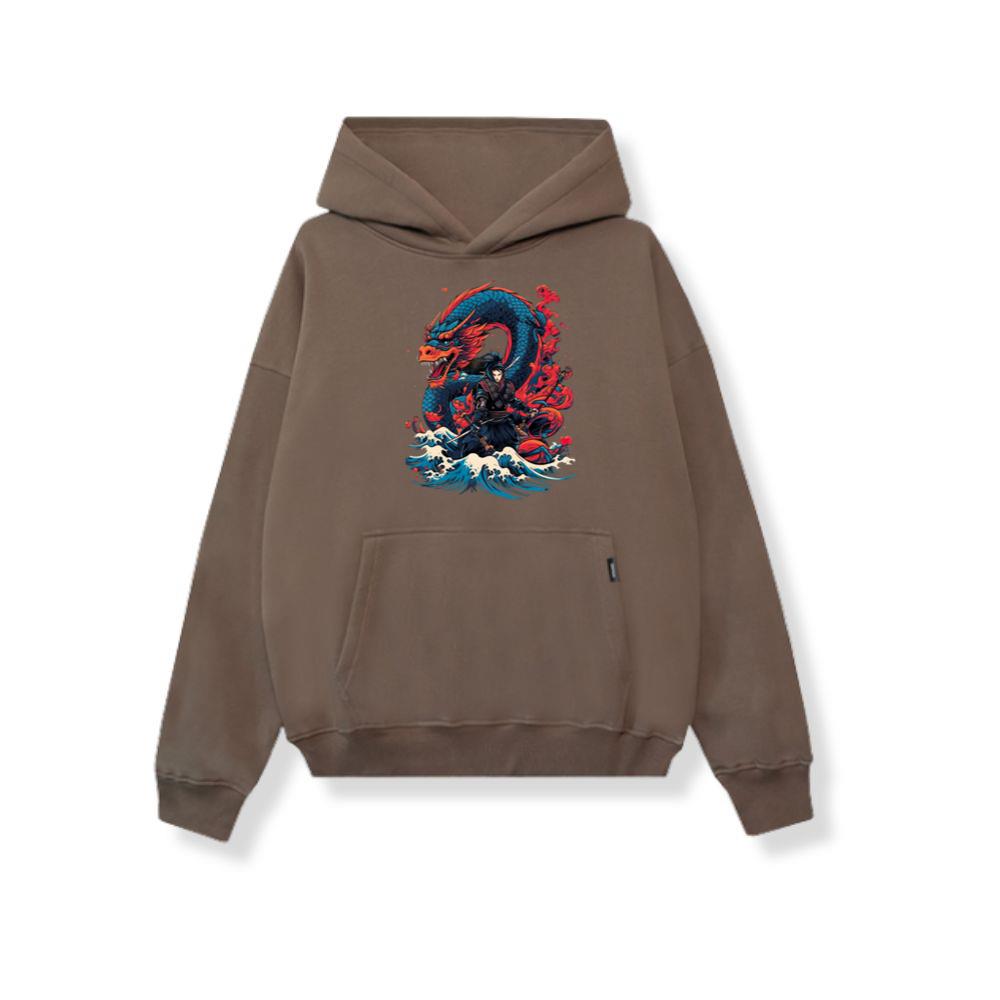 Samurai with Dragon Ocean Waves Japanese Style Hoodies