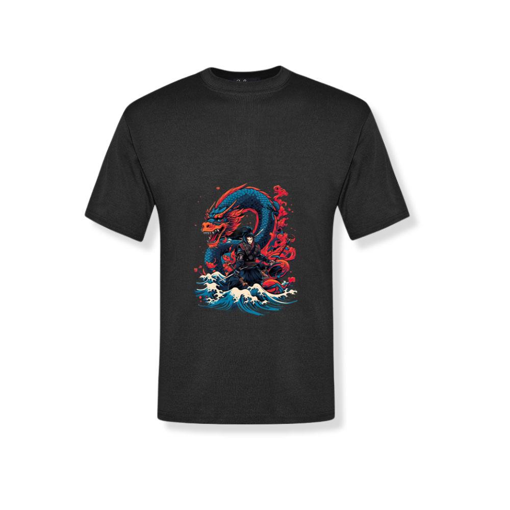 Samurai with Dragon Ocean Waves Japanese Style T-Shirts