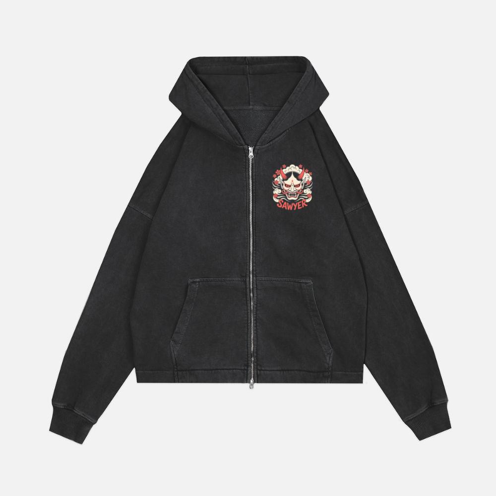Sawyer Demon Mask Retro Graphic Zip Hoodie