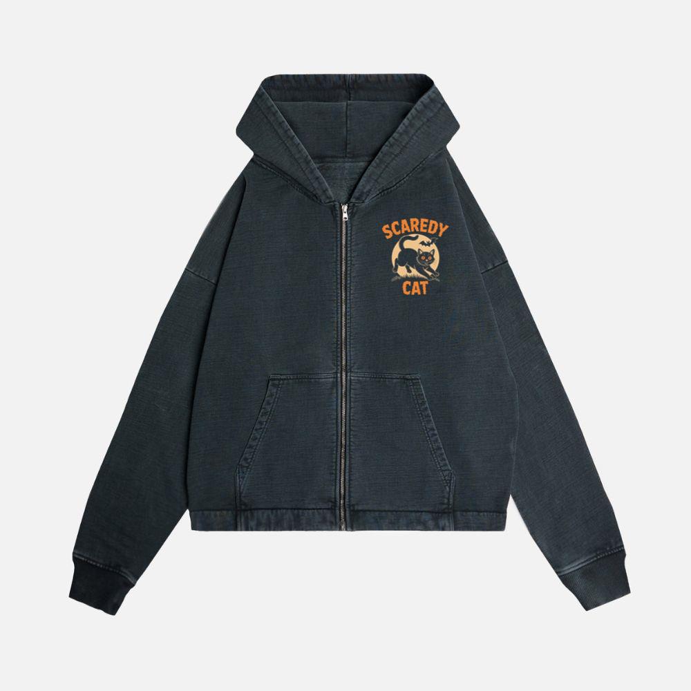 Scaredy Cat Funny Halloween Black Cat Graphic Zip Hoodie