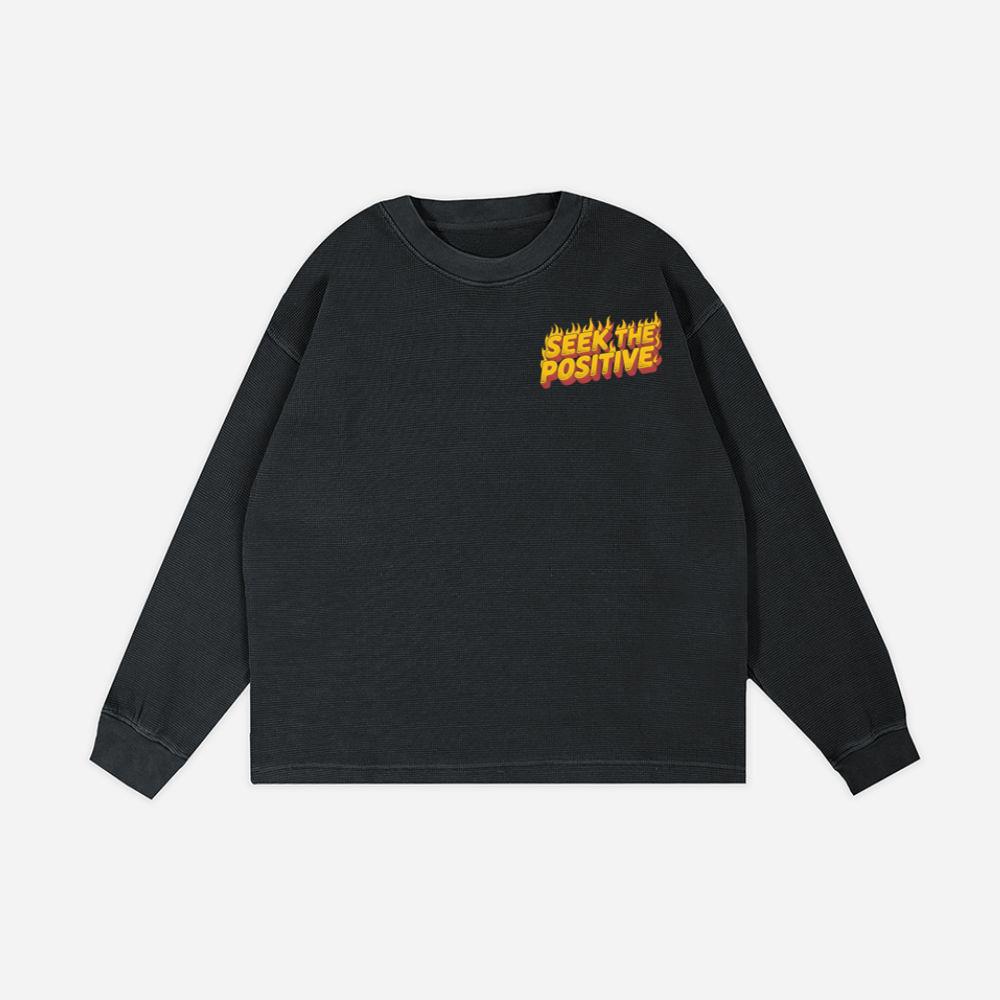 Seek the Positive Retro Flame Text Graphic Sweatshirt