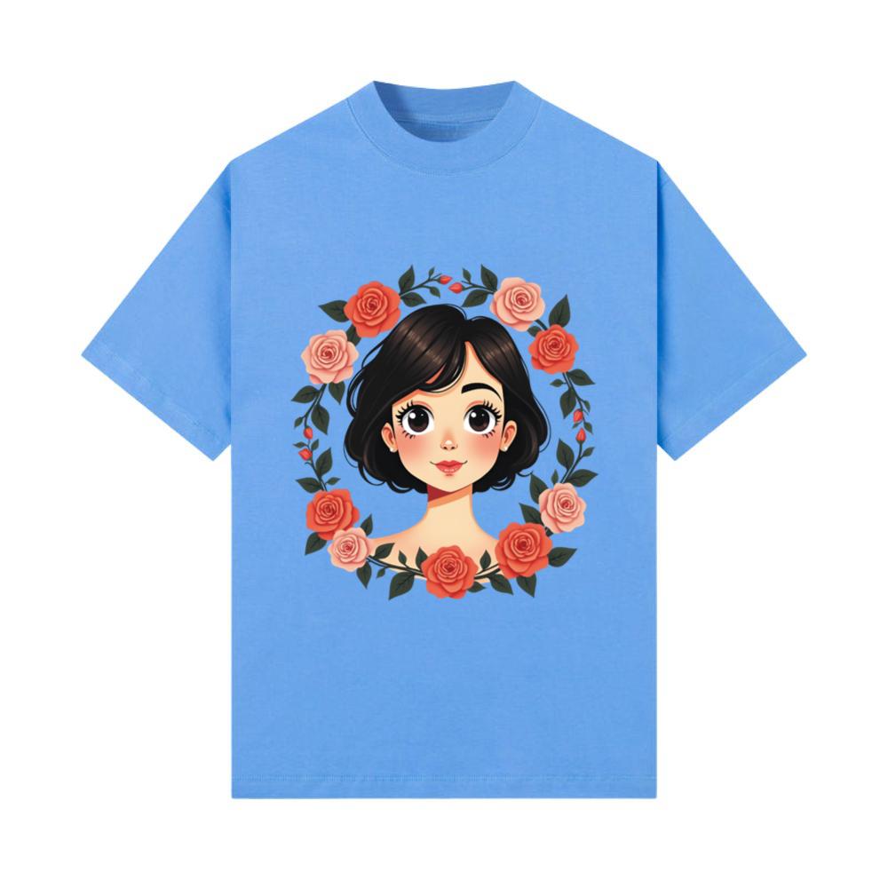 Short-Haired Anime Girl with Roses T-Shirt