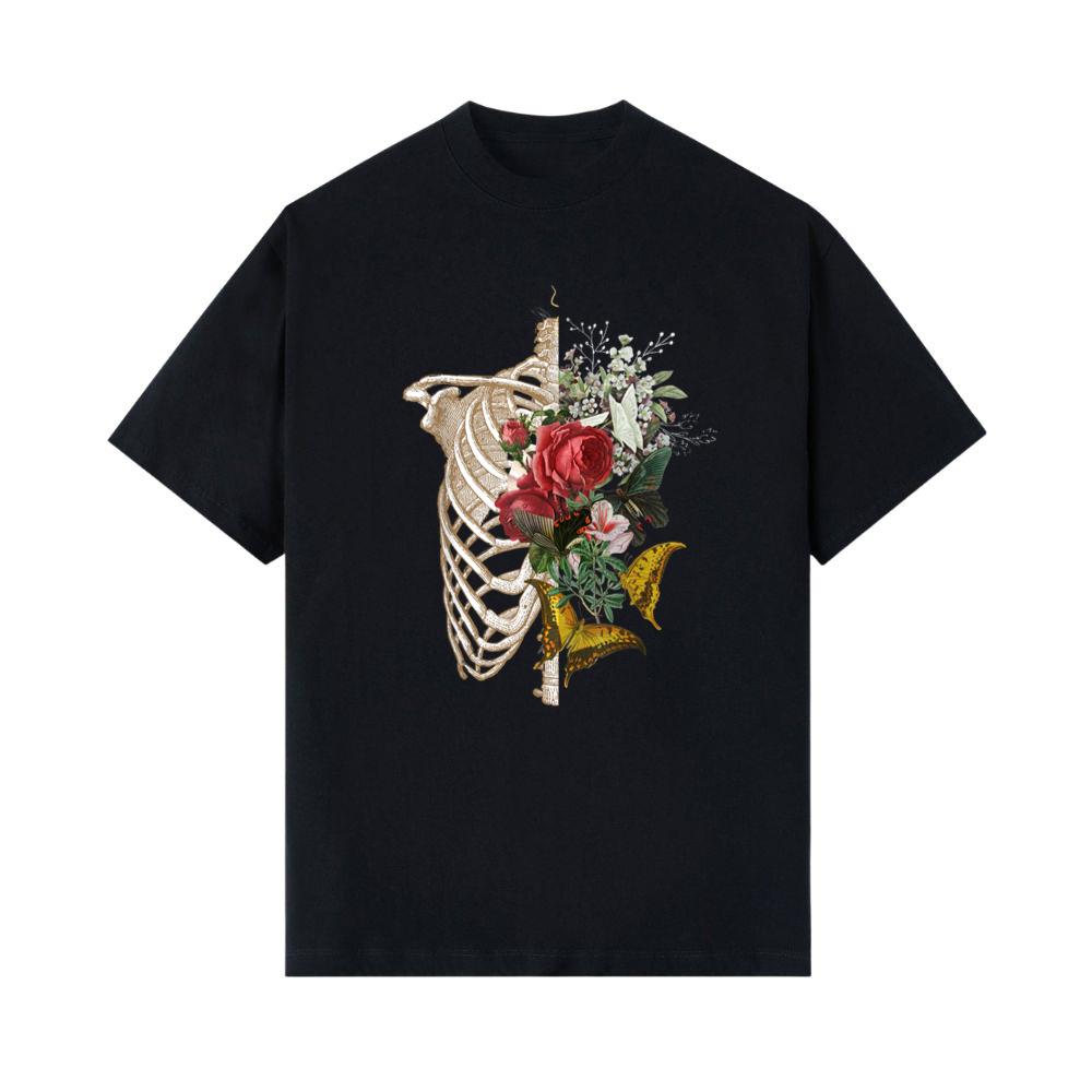 Skeleton Body Red Roses Flower T-Shirt 