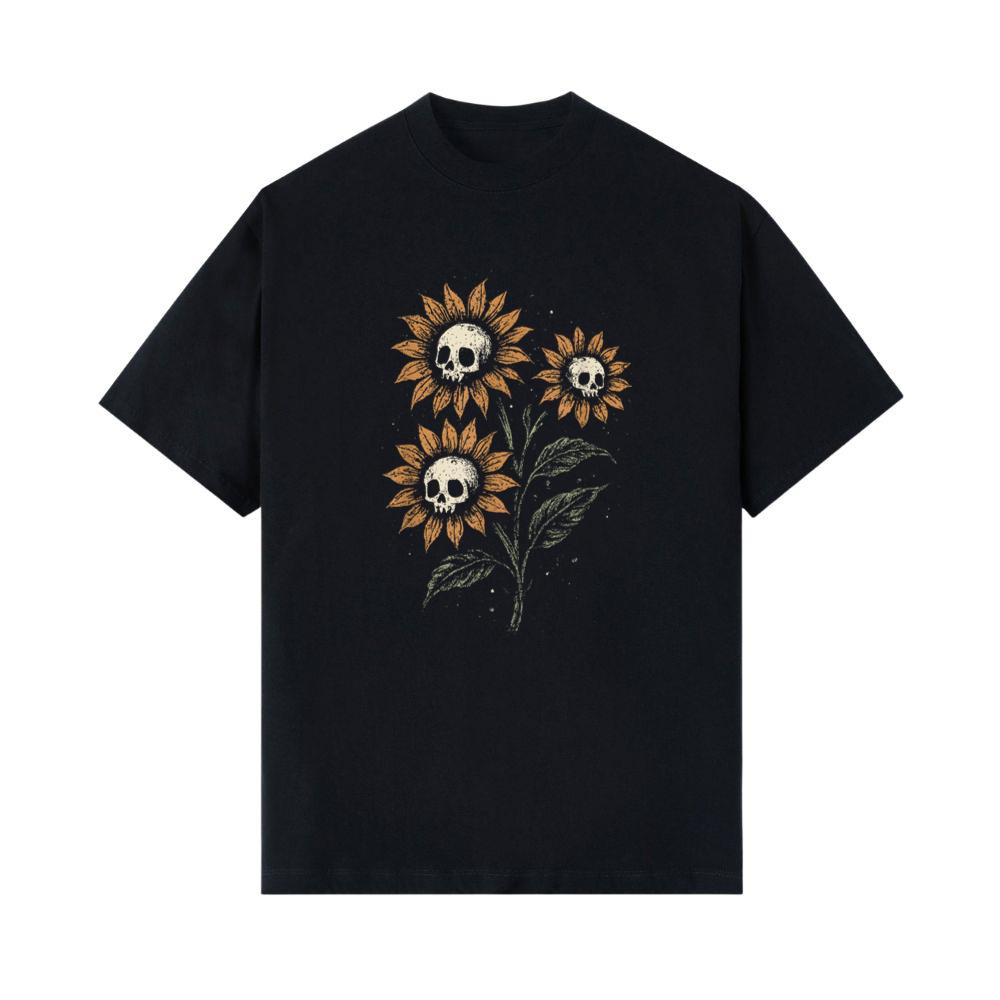 Skull Sunflowers Gothic Goth Creepy Cute Alt Grunge Y2K T-Shirt 